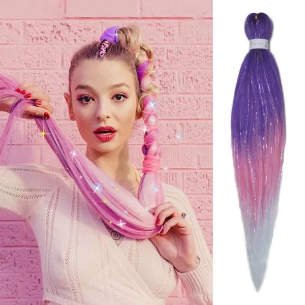 Purple Pink White 3 Tones Ombre Straight Braids Blend Hair Tinsel Festival Rave Hair Extensions for Girls Crazy Hair Day Braids - Image 2