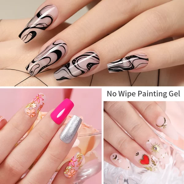 BOZLIN 5ml 4 In 1 No Wipe Painting Gel Varnish Black White Color Painting Liner Nail Art Glitter UV Gel Top Coat Manicure Polish - Image 6