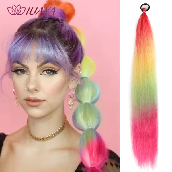 26inch Synthetic Ponytail Extensions With Rubber Band Ombre Braided Colorful Ponytail DIY Ponytail Hair Daily Party Wear Use - Image 2