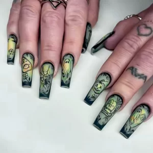 24pcs Halloween Green Frosted Fake Nails Long Coffin Pumpkin Ghost False Nails Gradient Ballet Nail With Adhesive Press On Nails