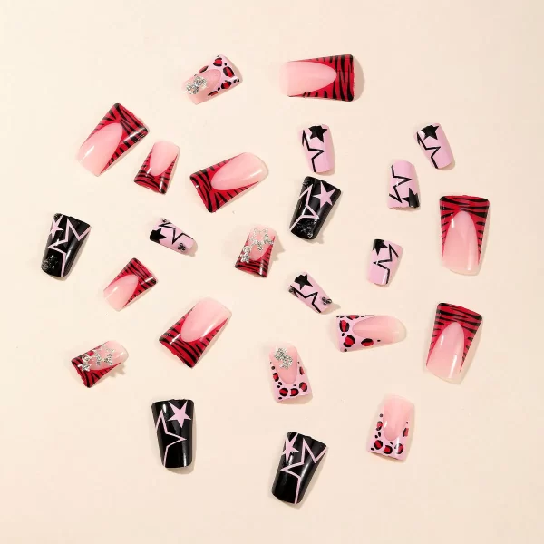 Duckbill Leopard French False Nails y2k Press On Nails Wearable Punk Fake Nails with Ball Diamond Stars Decor Removable Nail Art - Image 2