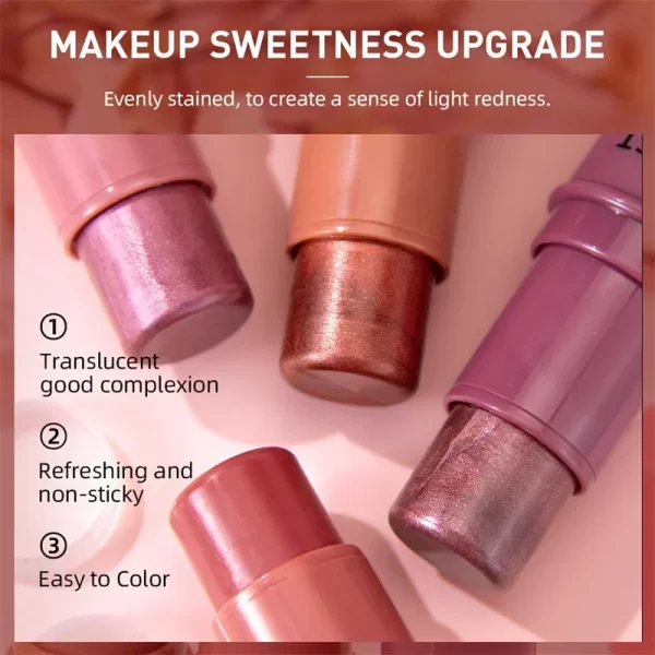 3-in-1 Cheek Blush Stick Lip Tinted Eyes Cheek Lips Brighten Cream Water-resistant Moisturizing Face Contouring Shadow Blusher - Image 6