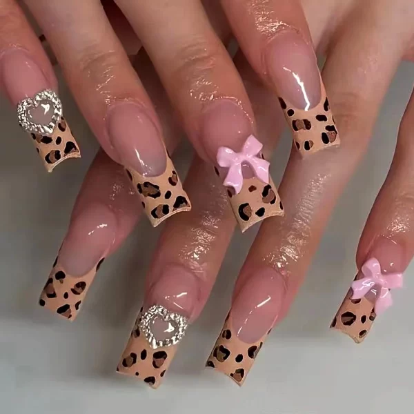 24Pcs/Set Super Long Square French Ballet Geometry AB Diamond Bow Decoration Full Coverage Wearable Fake Nail Press on Nail Art - Image 21