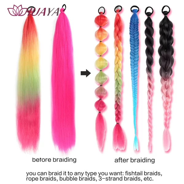 26inch Synthetic Ponytail Extensions With Rubber Band Ombre Braided Colorful Ponytail DIY Ponytail Hair Daily Party Wear Use - Image 4