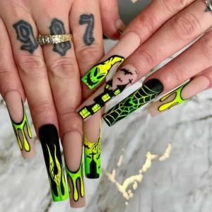 24pcs Green Witch Castle Fale nails Halloween Series Long Coffin Acrylic Nail Art Patch Full Cover Detachable Press on Nail Tips