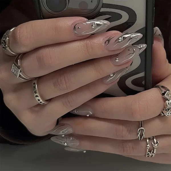 24pcs 3D Sliver Butterfly Decor False Nails Full Cover Fake Nail for Women Lady Almond Black Butterfly Press on nails Patches - Image 8