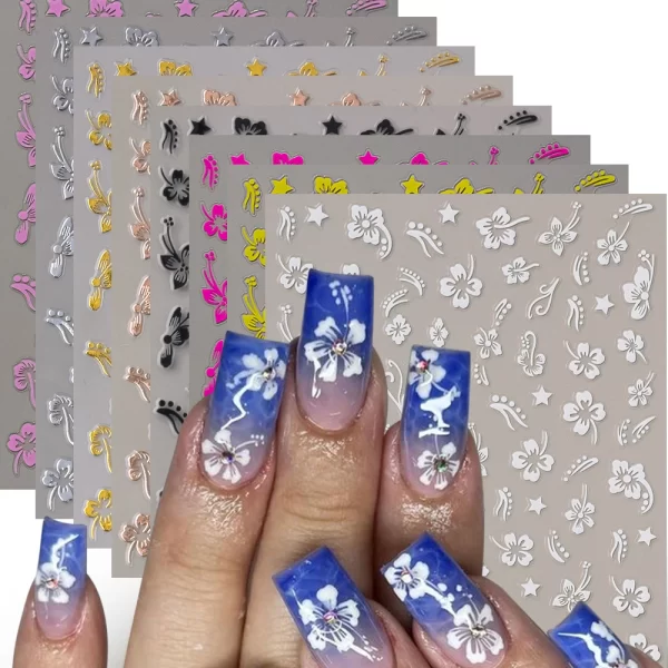 1pc 3D Hibiscus Flowers Nail Sticker White Black Flower Petals Adhesive Decals Pink Golden Floral Slider For Nail Art Decoration - Image 2