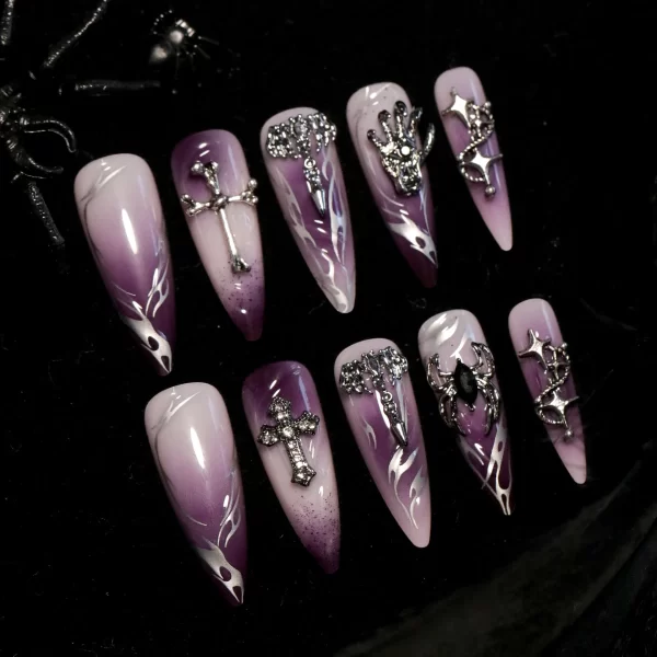 Halloween Cool Spice Style Spider Skull False Nails Purple Halo Dyeing Detachable Finished Fake Nails Press on Nail with Glue - Image 2