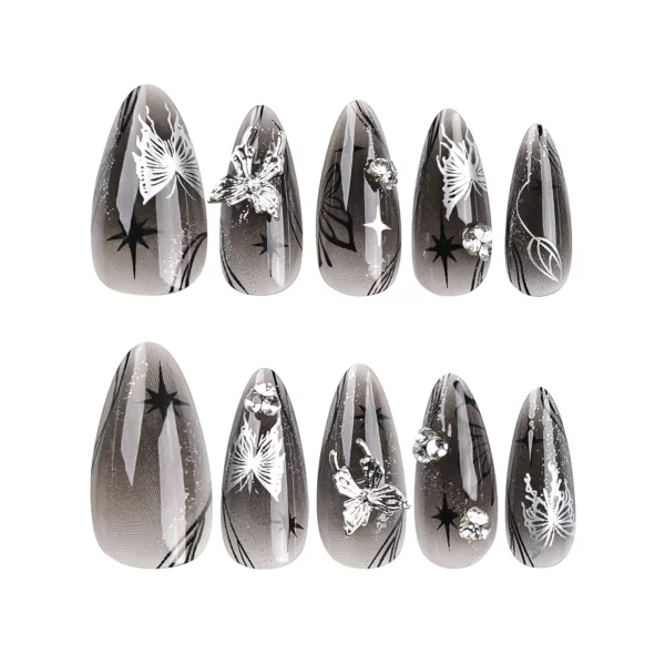 24pcs 3D Sliver Butterfly Decor False Nails Full Cover Fake Nail for Women Lady Almond Black Butterfly Press on nails Patches - Image 3