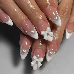 24Pcs Almond 3D White Bowknot Design French Wearable Fake Nails Pearl Removable Elegant False Nail Press On Nails Patche Tips