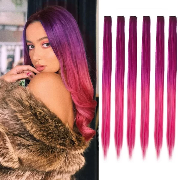6pcs/pack Colored Party Highlights Clip in Hair Extensions for Girls 22 inches Multi-colors Straight Hair Synthetic Hairpieces - Image 23