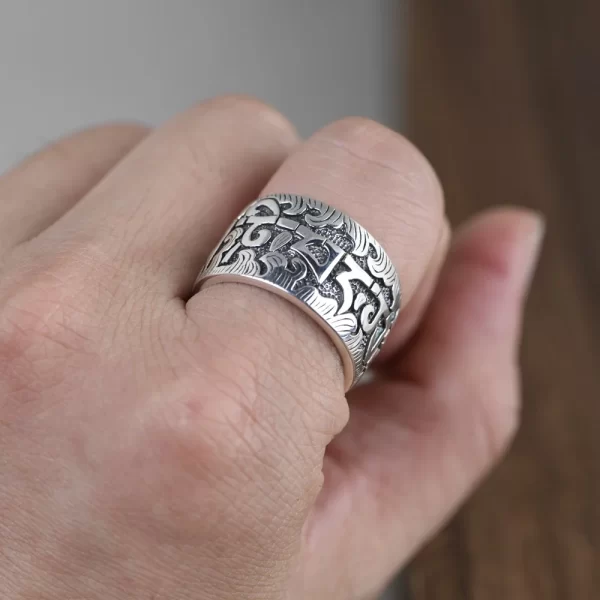 BOCAI S925 Sterling Silver Rings for Women Men New Fashion Retro Six Syllable Mantra Wide Adjustable Argentum Jewelry - Image 3