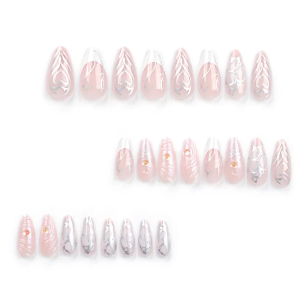 24PCS 3D Water Ripple False y2k Nails Press On Long Almond Silver Stripes Nail Art Fake Nails Charms Designs Finished Nail Tips - Image 7