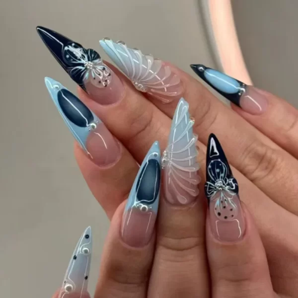 24Pcs Black Y2k Fake Nails with Diamond Halloween Long Almond False Nail Butterfly Design Wearable Oval Press on Nails Tips - Image 7