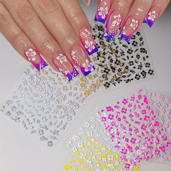 1pc 3D Hibiscus Flowers Nail Sticker White Black Flower Petals Adhesive Decals Pink Golden Floral Slider For Nail Art Decoration - Image 3