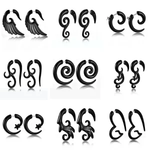 WKOUD Pair Black Acrylic Fake Cheater Twist Spiral Ear Taper Gauges Expanders Earring Tunnel Plugs Piercing Body Jewelry