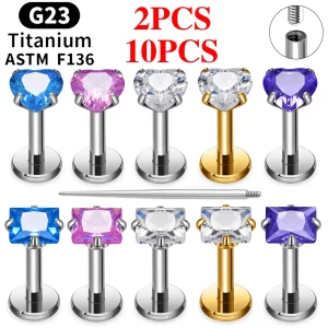 2/10PCS G23 Titanium Piercing Jewelry Ear Cartilage Tragus Heart Flat Back Stud Earrings 16G CZ Internal Thread Labret Lip Ring