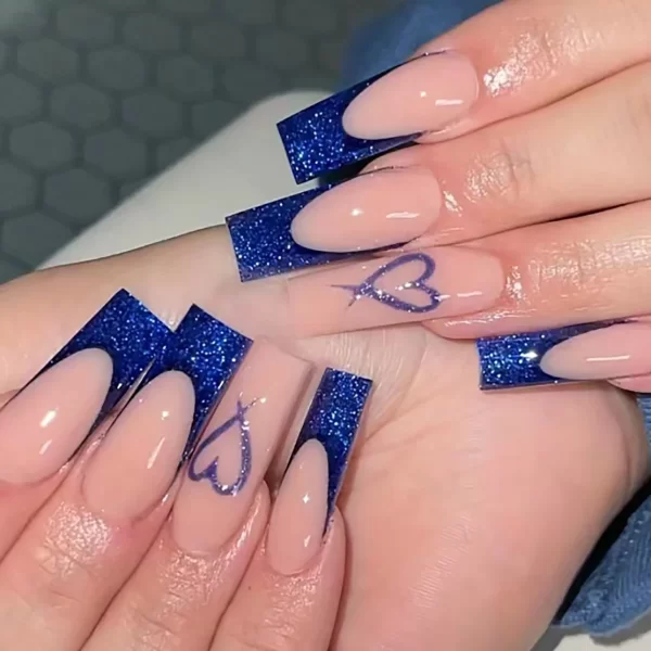 24Pcs Blue French False Nails with Star Rhinestone Design Long Ballet Fake Nails Wearable Square Head Full Cover Press on Nails - Image 4