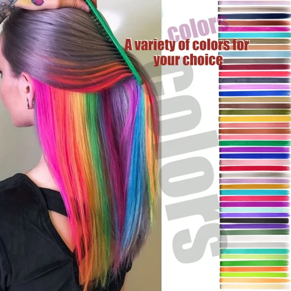 Colored Hair Extensions 8 Pcs/Pack Rainbow Hairpieces 22 inch Multi-colors Party Highlights Clip in Synthetic Hair Extensions - Image 3