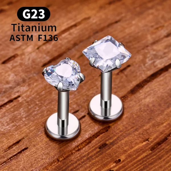 2/10PCS G23 Titanium Piercing Jewelry Ear Cartilage Tragus Heart Flat Back Stud Earrings 16G CZ Internal Thread Labret Lip Ring - Image 3