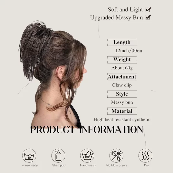 Messy Bun Hair Piece Claw Clip in Hair Buns Hair Piece for Women Straight Short High Ponytail Extension Tousled Updo Faux Hair B