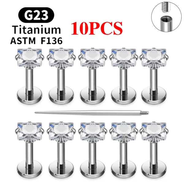 2/10PCS G23 Titanium Piercing Jewelry Ear Cartilage Tragus Heart Flat Back Stud Earrings 16G CZ Internal Thread Labret Lip Ring - Image 16