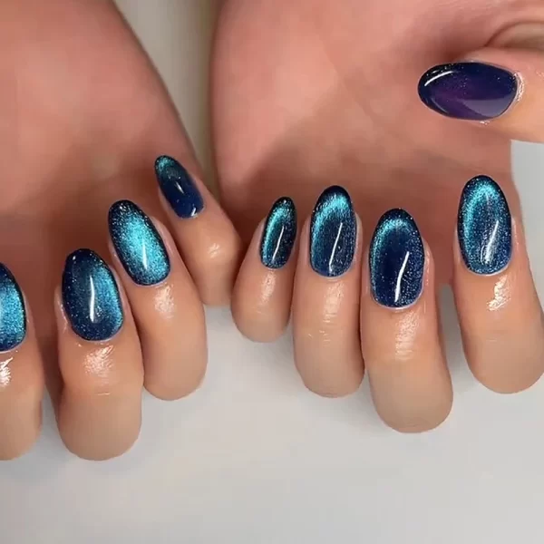 Glitter Blue Gradient Cat Eye Wearable Fake Nails Solid Color Fashion Detachable Finished False Nails Press on Nails with Glue - Image 6
