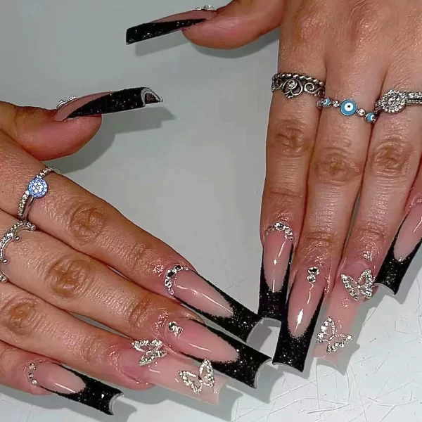 24Pcs Blue French False Nails with Star Rhinestone Design Long Ballet Fake Nails Wearable Square Head Full Cover Press on Nails - Image 3