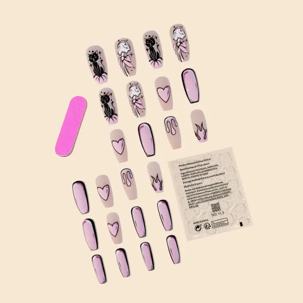 24Pc/Set Long Ballet Pink French Heart Geometric Cat Cartoon Patterns Printed Full Coverage Wearable Fake Nail Press on Nail Art - Image 2