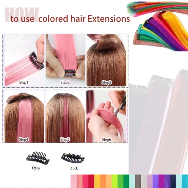 Colored Hair Extensions 8 Pcs/Pack Rainbow Hairpieces 22 inch Multi-colors Party Highlights Clip in Synthetic Hair Extensions - Image 4
