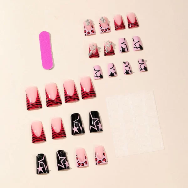 Duckbill Leopard French False Nails y2k Press On Nails Wearable Punk Fake Nails with Ball Diamond Stars Decor Removable Nail Art - Image 3