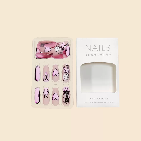 24Pc/Set Long Ballet Pink French Heart Geometric Cat Cartoon Patterns Printed Full Coverage Wearable Fake Nail Press on Nail Art - Image 4