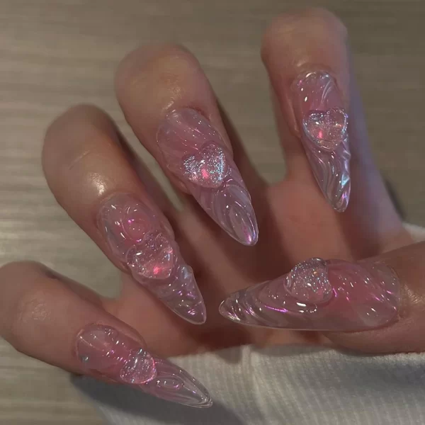 24PCS 3D Water Ripple False y2k Nails Press On Long Almond Silver Stripes Nail Art Fake Nails Charms Designs Finished Nail Tips - Image 12