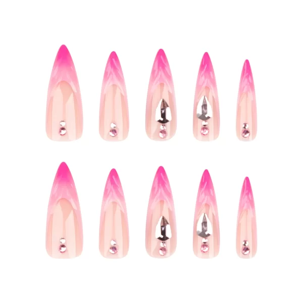 24Pcs Long Stiletto Almond Head Fake Nails with Rhinestone Design Wearable Pink French Press on False Nails Jelly Stick-ons - Image 4