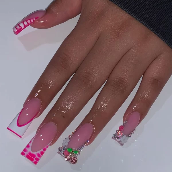 Duckbill Leopard French False Nails y2k Press On Nails Wearable Punk Fake Nails with Ball Diamond Stars Decor Removable Nail Art - Image 6