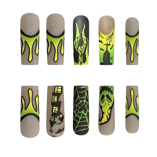 24pcs Green Witch Castle Fale nails Halloween Series Long Coffin Acrylic Nail Art Patch Full Cover Detachable Press on Nail Tips - Image 2