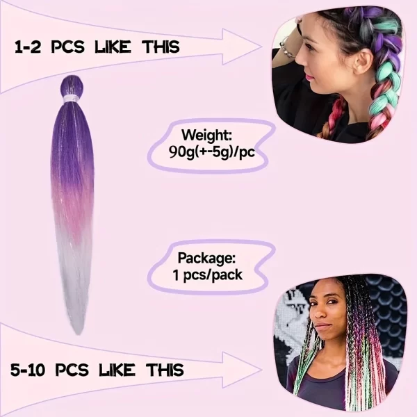Purple Pink White 3 Tones Ombre Straight Braids Blend Hair Tinsel Festival Rave Hair Extensions for Girls Crazy Hair Day Braids - Image 5