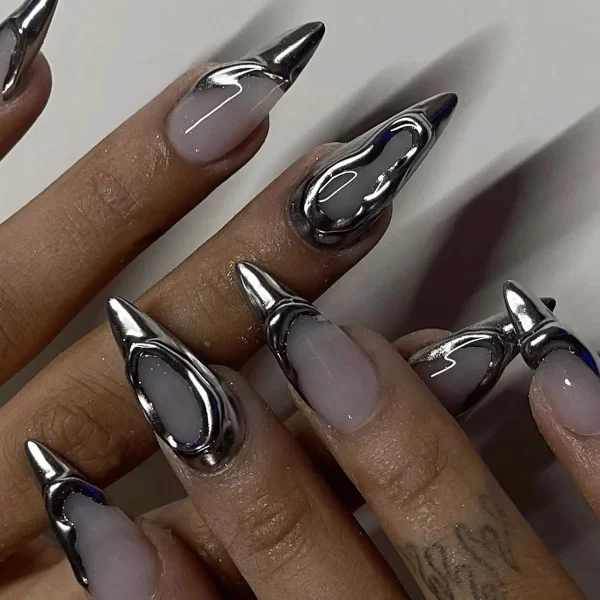 24Pcs Black Y2k Fake Nails with Diamond Halloween Long Almond False Nail Butterfly Design Wearable Oval Press on Nails Tips - Image 6
