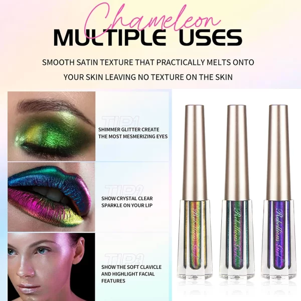 3 Pcs Metal Liquid Chameleon Eye Shadow, Multi-Dimensional Eye Makeup Durable Holographic Flash Multi-color Eye Shadow Cosmetics - Image 5