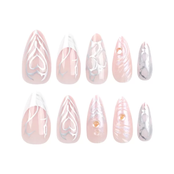 24PCS 3D Water Ripple False y2k Nails Press On Long Almond Silver Stripes Nail Art Fake Nails Charms Designs Finished Nail Tips - Image 5