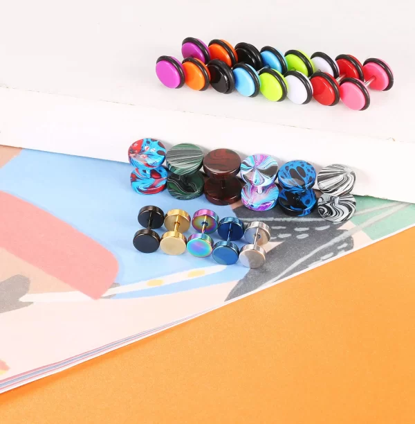 19 Pairs Stainless Steel Men Earrings Studs Ear Piercing Plugs Tunnel Screw Fake Gauges Earrings Flat Back Stud Earring Set - Image 4