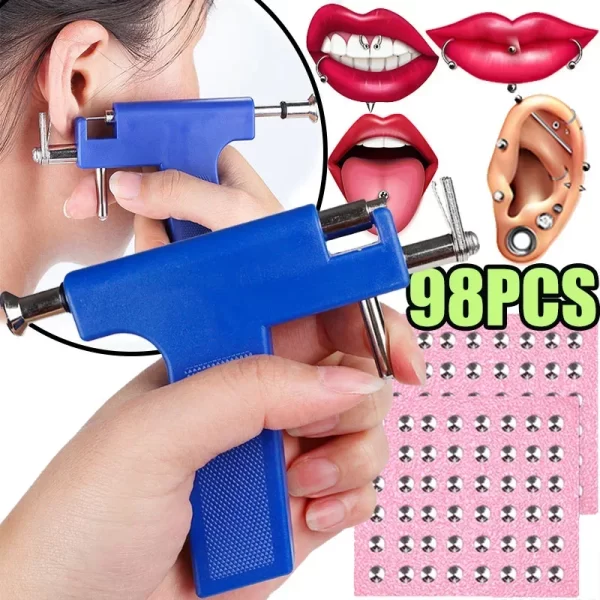98Pcs/Set Professional Ear Piercing Gun Tool Ear Studs Steel Ear Nose Navel Body Piercing Gun Unit Tool Kit Safety Pierce Tool