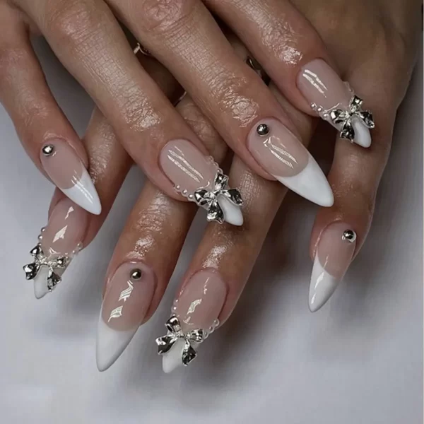24Pcs Almond 3D White Bowknot Design French Wearable Fake Nails Pearl Removable Elegant False Nail Press On Nails Patche Tips - Image 3
