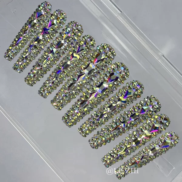 Luxury AB Full Diamond Press on Nails Art French XXL Long Coffin Sparkle Rhinestone Birthday Party Gift Customizable Nails Art - Image 2