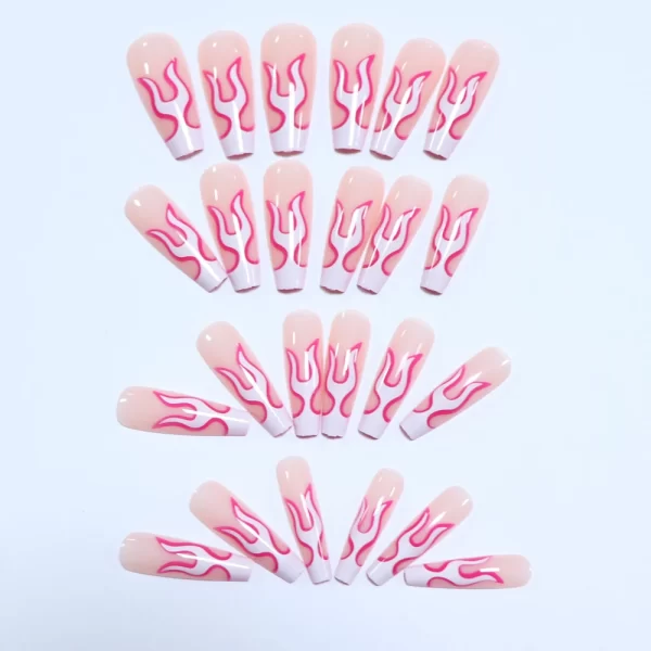 Elevate Your Style With 24pcs Long Coffin White Flame Full Cover Fake Nail Set - Medium Ballerina  Rose Flame Press On Nails Des - Image 2