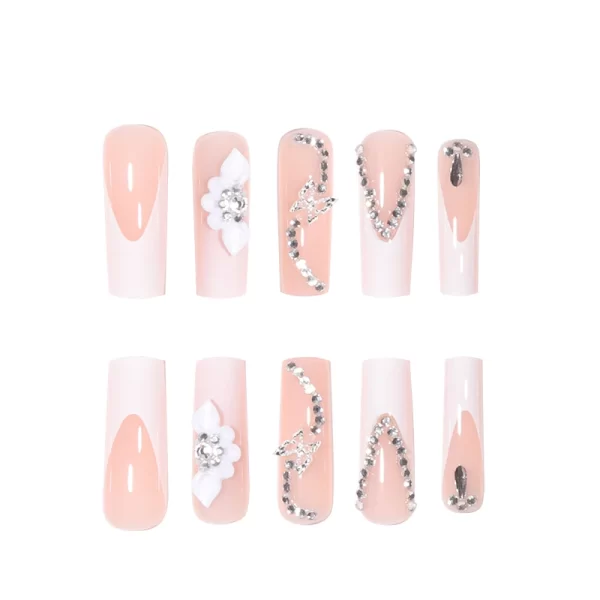 24 Long Coffins with French Patterns, Flowers, Butterfly Dots, Diamond Shiny Fake Nails, 1 Nail File, and 1 Piece of Jelly Glue - Image 4