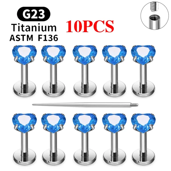 2/10PCS G23 Titanium Piercing Jewelry Ear Cartilage Tragus Heart Flat Back Stud Earrings 16G CZ Internal Thread Labret Lip Ring - Image 10