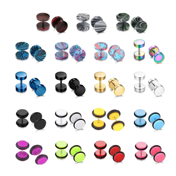 19 Pairs Stainless Steel Men Earrings Studs Ear Piercing Plugs Tunnel Screw Fake Gauges Earrings Flat Back Stud Earring Set - Image 2