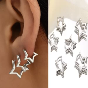 6pcs Set Vintage Glossy Chic Silver Plated Copper Star Hoop Earrings for Women Retro Pentagram Huggie Hoops Daily wear Jewelry