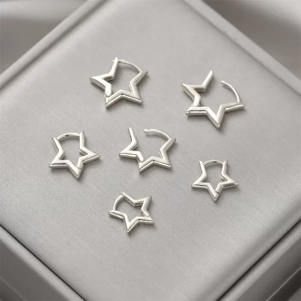 6pcs Set Vintage Glossy Chic Silver Plated Copper Star Hoop Earrings for Women Retro Pentagram Huggie Hoops Daily wear Jewelry - Image 5